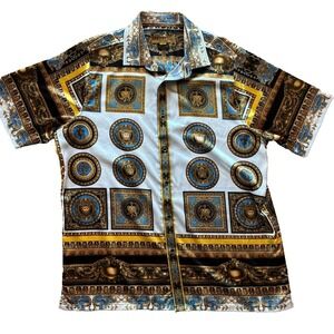 Prestige Original Mens Large Baroque Medusa Print Button Down Shirt Gold Blue